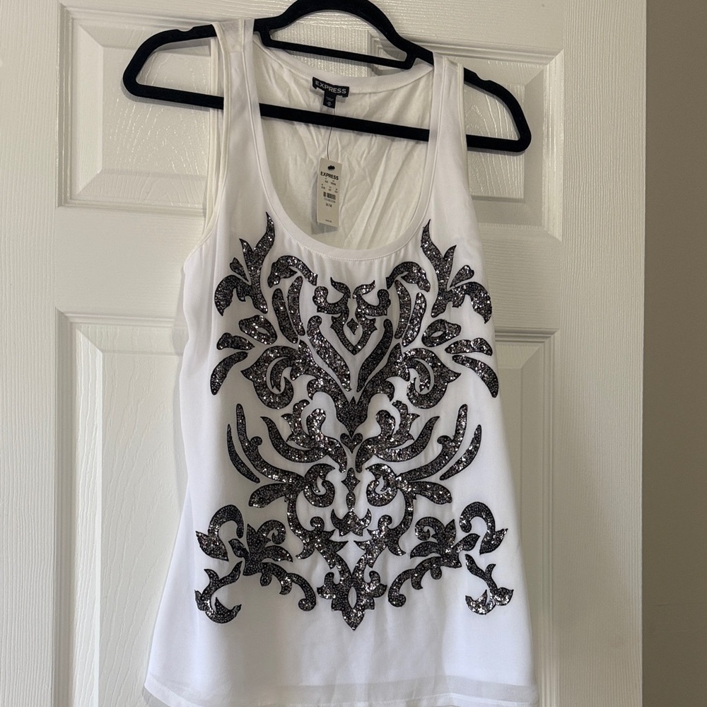 Express White Tank Top with Black Sequin Floral Motif